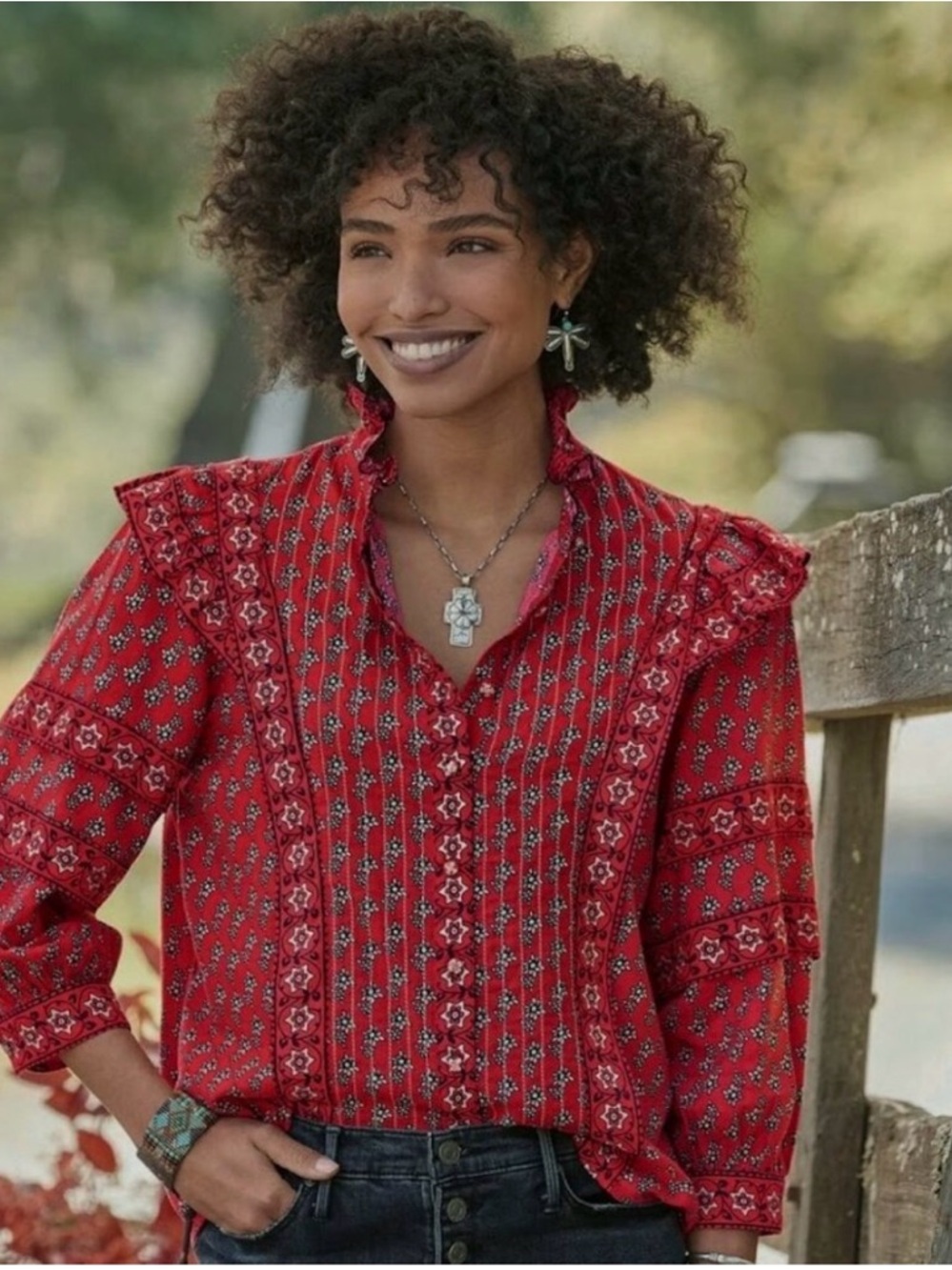 Sundance Auri Red Floral Ruffle-Yoke shirt
